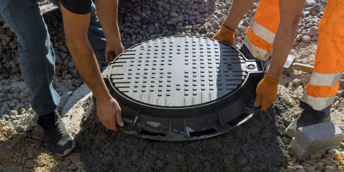 Two Men Grabbing The Edges Of A Septic Tank Cover.